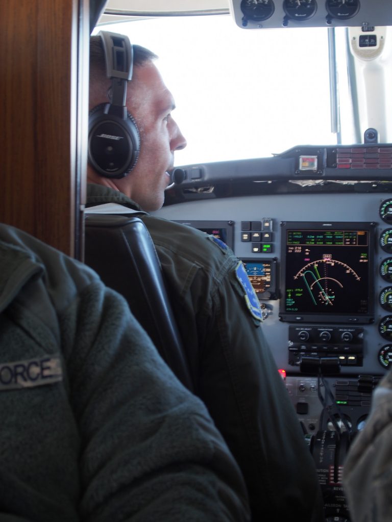 Air Force pilot of a C-12 flying from Elmendorf to Cape Romanzof (Photo by Zachariah Hughes, Alaska Public Media - Anchorage)