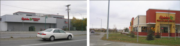 (Left) This Qdoba restaurant is an example that wouldn't be acceptable under the new proposed Title 21. (Right) This building is a good example from the perspective of the rewrite of Anchorage 21. This Qdoba restaurant has windows, entry, and walkway to the street. Photo courtesy of the Municipality of Anchorage
