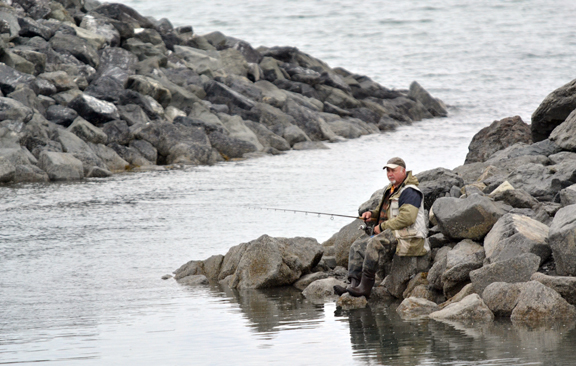 An angler fishes the outgoing tide for king salmon at the Homer Fishing Hole, aka Nick Dudiak Lagoon, before the start of the 2011 Memorial Day weekend.