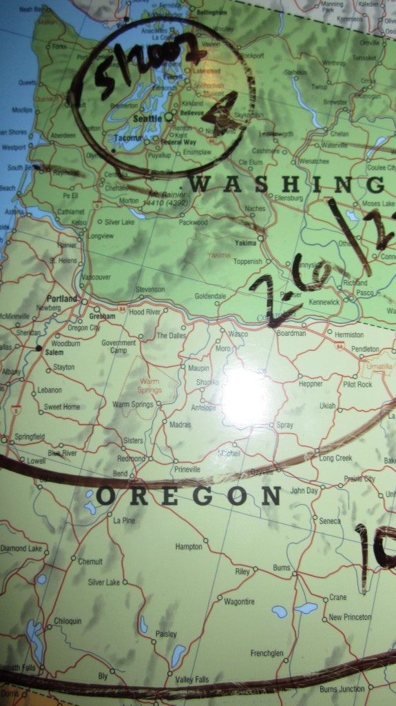 Close up view of map tracking Keye's movements in Washington and Oregon. Photo by Daysha Eaton.