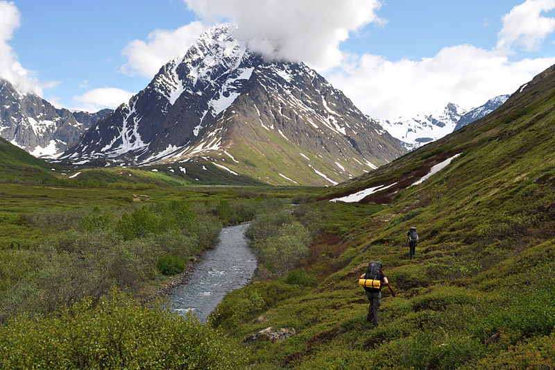Walking into the upper reaches of the Peters Creek backcountry, below Mount Rumble. Chugach Mountains, Alaska. By Paxson Woelber. Creative Commons Attribution-Share Alike 3.0 Unported license