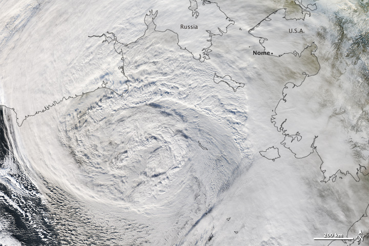 November 12, 2012: a huge, powerful storm hits Alaska. Credit: NASA's Earth Observatory (Powerful Storm hits Alaska) [CC-BY-2.0 (http://creativecommons.org/licenses/by/2.0)], via Wikimedia Commons