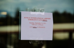 Officials placed signs around the airport to alert the public to the drill. (Photo by Heather Bryant/KTOO)