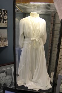 This wedding dress made of WWII era parachute material, originally belonged to Renelda Ronvelda Peacock. 