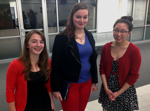 (From left) Allison Haynes, Margaret Clark, and Laura Gordon, all West High School Students, testified before the Anchorage School Board on Thursday night about the proposed 2014-15 budget. All opposed the cuts. Photo by Daysha Eaton, KSKA - Anchorage.