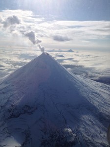 Shishaldin Volcano with a typical steam plume, pictured on Sept. 14, 2013. Photo by Joseph Korpiewski, U.S. Coast Guard.