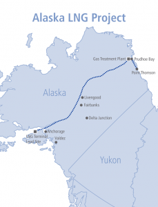 The proposed pipeline route for the Alaska LNG Project, a consortium of oil companies (Image courtesy of the Alaska LNG Project).