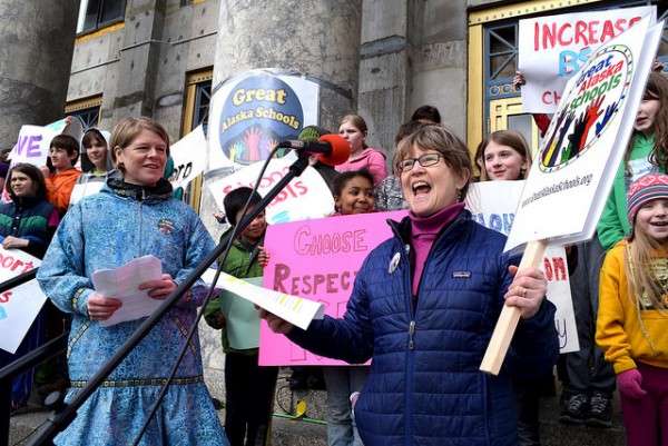 Mary Hakala of Juneau, a member of the Great Alaska Schools coalition, speaks during a rally on the Capitol steps, April 4, 2014.(Photo by Skip Gray/Gavel Alaska)