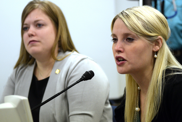 Erin Merryn, a victim of sexual abuse as a child, testified last year in the House Education Committee on House Bill 233, also known as Erin’s Law. Rep. Geran Tarr is the bill sponsor. (Photo by Skip Gray/Gavel Alaska)
