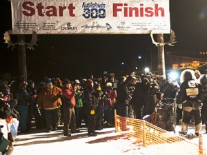 Pete Kaiser was met by a crowd of fans at the K300 finish line in Bethel at 5:31 a.m. Sunday morning. Photo by Chris Pike