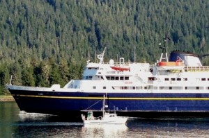 The ferry Taku sails into the Wrangell Narrows on its way south in 2013. (Ed Schoenfeld/CoastAlaska News)