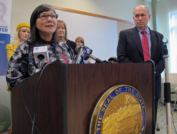 Health Commissioner Valerie Davidson and Alaska Governor Bill Walker announce the state's plan for Medicaid expansion and reform. (Photo by Annie Feidt, APRN - Anchorage)