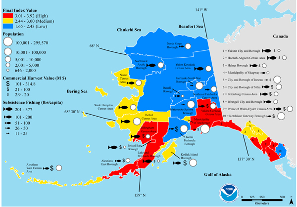  Individual components of the final ocean acidification risk index for each census area showing the communities with the highest risk are in the Southeast and Southwest of the state. (Credit: NOAA)