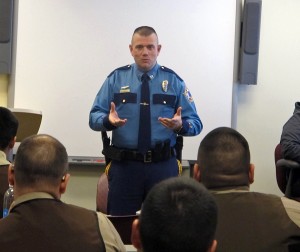 Captain Andrew Merrill, the state’s VPSO commander, speaks with YK Delta VPSOs in regular training. Photo by Ben Matheson / KYUK.