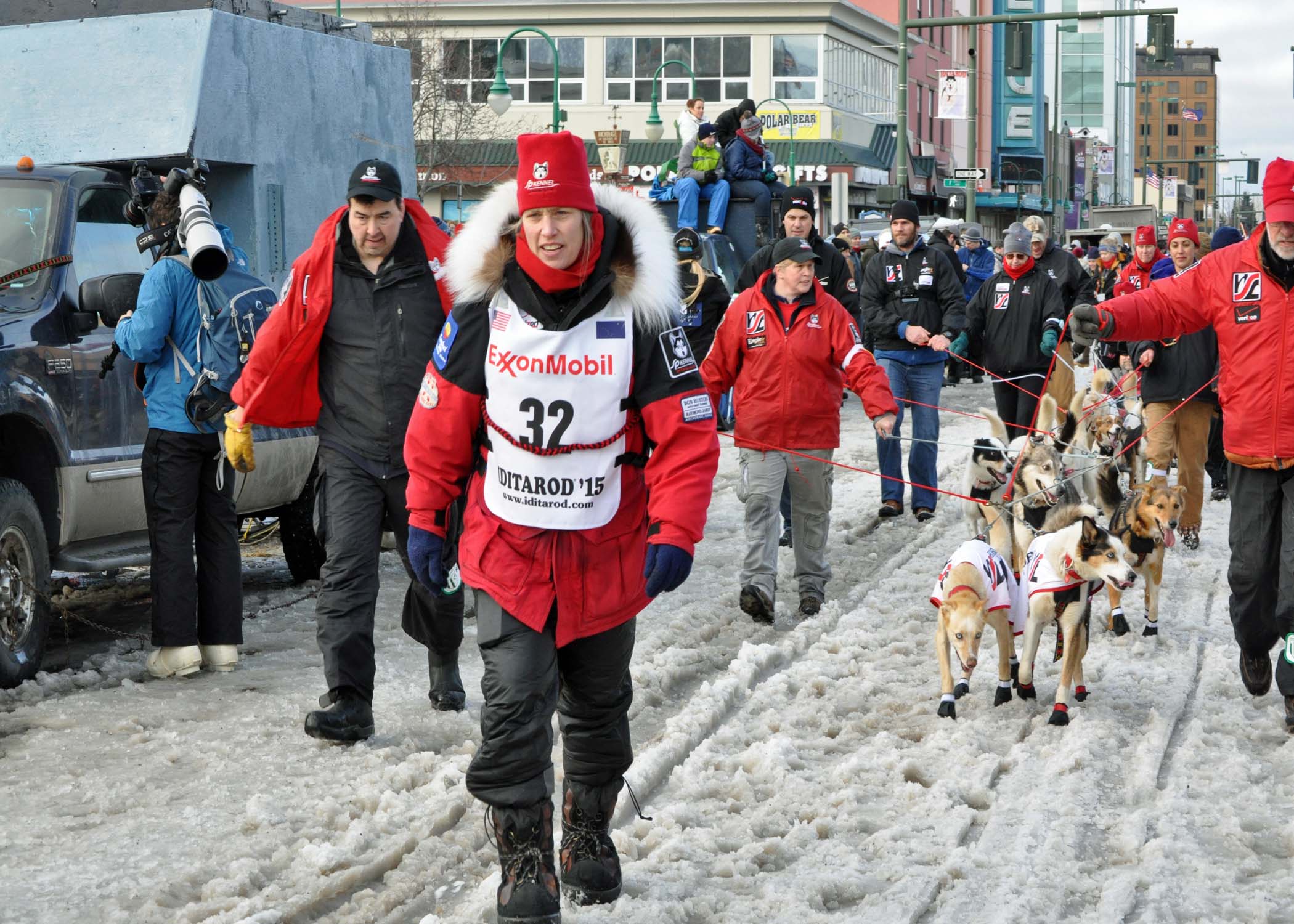 Aliy Zirkle makes her way to the starting line for the ceremonial start of the 2014 Iditarod. (Photo By Patrick Yack - Alaska Public Media)