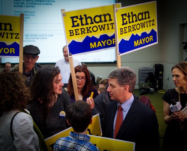Ethan Berkowitz, standing with his family, won the largest percentage of votes, but not enough to avoid a runoff. (Photo: Zachariah Hughes, KSKA)