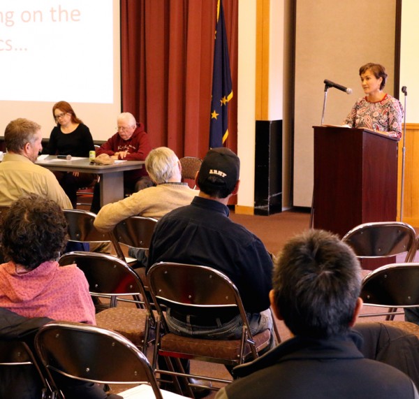 BNC President and CEO Ana Hoffman speaks at a community meeting in Bethel. (Photo by Dean Swope / KYUK)
