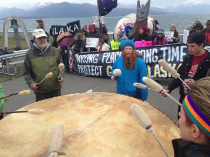 Protesters Against Military Training Exercises in Gulf of Alaska Gather on Homer Spit - Photo by Shady Grove Oliver/KBBI