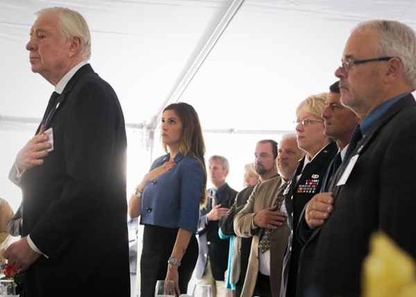 From right to left, House member Bob Herron, Lt. Gen. Russell Handy, Adjudant General Laurie Hummel, Taya Kyle in Blue, and Allen Miller, CEO of UHS. (Photo: Zachariah Hughes, KSKA)