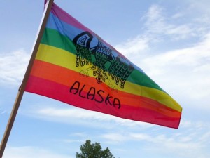 An Alaska Pride flag. The image is based on a double-faced eagle design from Alaska before Russian contact. (Creative Commons photo by Mel Green)