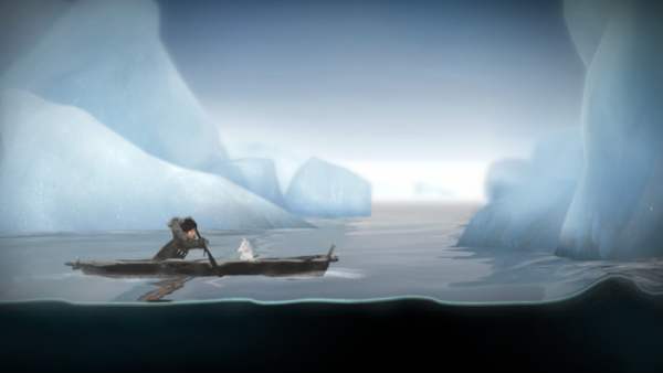 In “Never Alone: Foxtales,” Nuna and Fox navigate on an umiak. They start in the Kotzebue area and eventually find themselves on the Noatak River. (Image courtesy Upper One Games)