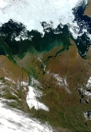 Mackenzie River delta. Photo: NASA Visible Earth; Credit: Jacques Descloitres, MODIS Land Rapid Response Team, NASA/GSFC Satellite: Terra Sensor: MODIS Image Date: 08-29-2001