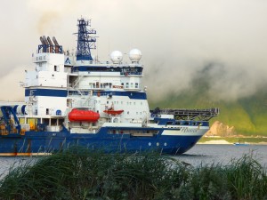 Shell's Fennica vessel ran aground in Dutch Harbor over the summer, causing further delays in drilling. Photo: John Ryan/KUCB.