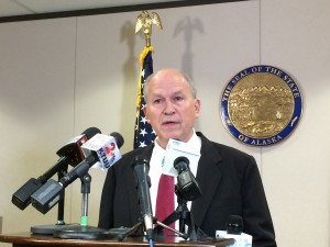 Gov. Bill Walker spoke with reporters on Friday, Sept. 25, defending his proposal for a natural gas reserves tax. (Rachel Waldholz/APRN)
