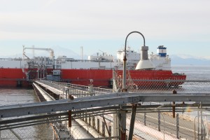 A tanker taking on a shipment at the Kenai LNG plant in October, 2015. (Rachel Waldholz/APRN)