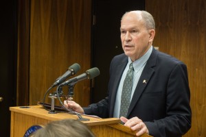 Gov. Bill Walker at a press conference in the Capitol, Oct. 23, 2015. He announced that he was dropping a proposed natural gas reserves tax from the special session agenda. (Photo by Jeremy Hsieh/KTOO)