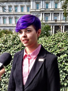 Poet Anna Lance, of Eagle River, speaks to reporters outside the White House. (Photo: Liz Ruskin)
