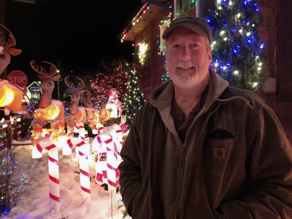 Originally from Long Island, N.Y., Jeff Campbell moved to Juneau in 1985. He’s been decorating his house since the early 1990s. (Photo by Lisa Phu/KTOO)