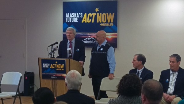 GCI CEO Ron Duncan (left) and AFL-CIO President Vince Beltrami (right) kick off the Alaska's Future coalition campaign. (Photo by Josh Edge/APRN)