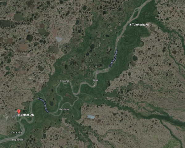The Kuskokwim 300 race trail runs along the river to Tulusak and back. (Screenshot of Google Maps)