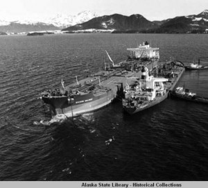 Exxon Valdez oil is transferred to the Exxon San Francisco. Photo: U.S. Coast Guard, 17th District, Photograph Collection. Accessed via Alaska Digital Archives.