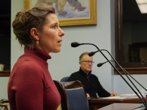 Erin Harrington of Kodiak testifies on SB23 in the Senate State Affairs Committee, Feb. 4, 2016. The bill is the governor's plan for reshaping the Permanent Fund to make state government fiscally sustainable. (Photo by John Kelly/360 North)