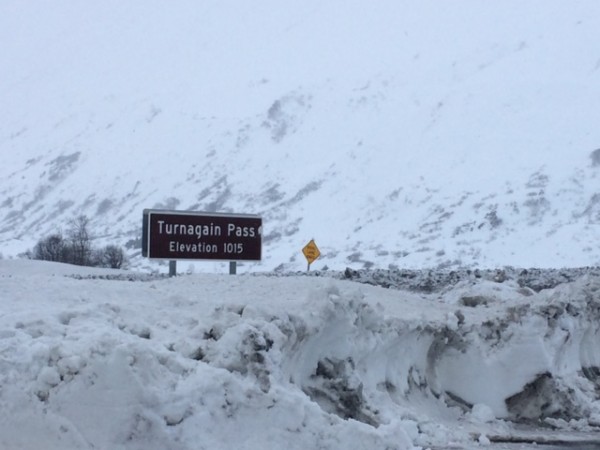 The road at Turnagain pass sits at about 1,000 feet of elevation. Up there, winter looks a lot different than it does in Anchorage. Photo: Monica Gokey/APRN.