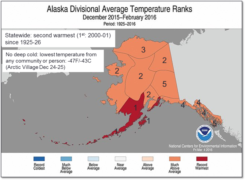 Average Alaska temperature rankings for this past winter. (Photo courtesy of NOAA’s National Centers for Environmental Information)