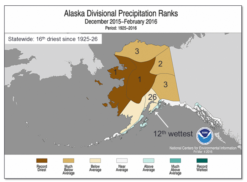 Alaska precipitation rankings for the winter 2015-16. (Photo courtesy of NOAA’s National Centers for Environmental Information)