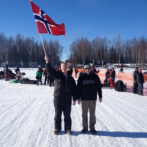Two Anchorage-based Team Norway fans at the 2016 Iditarod starting line in Willow. (Photo by Ben Matheson)