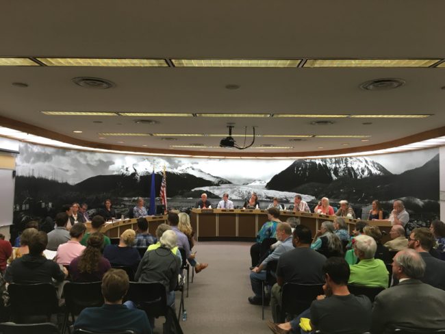 More than 60 people crowded into the Juneau Assembly Chambers to listen to testimony on Juneau’s proposed anti-discrimination ordinance. (Photo by Lakeidra Chavis, KTOO - Juneau)