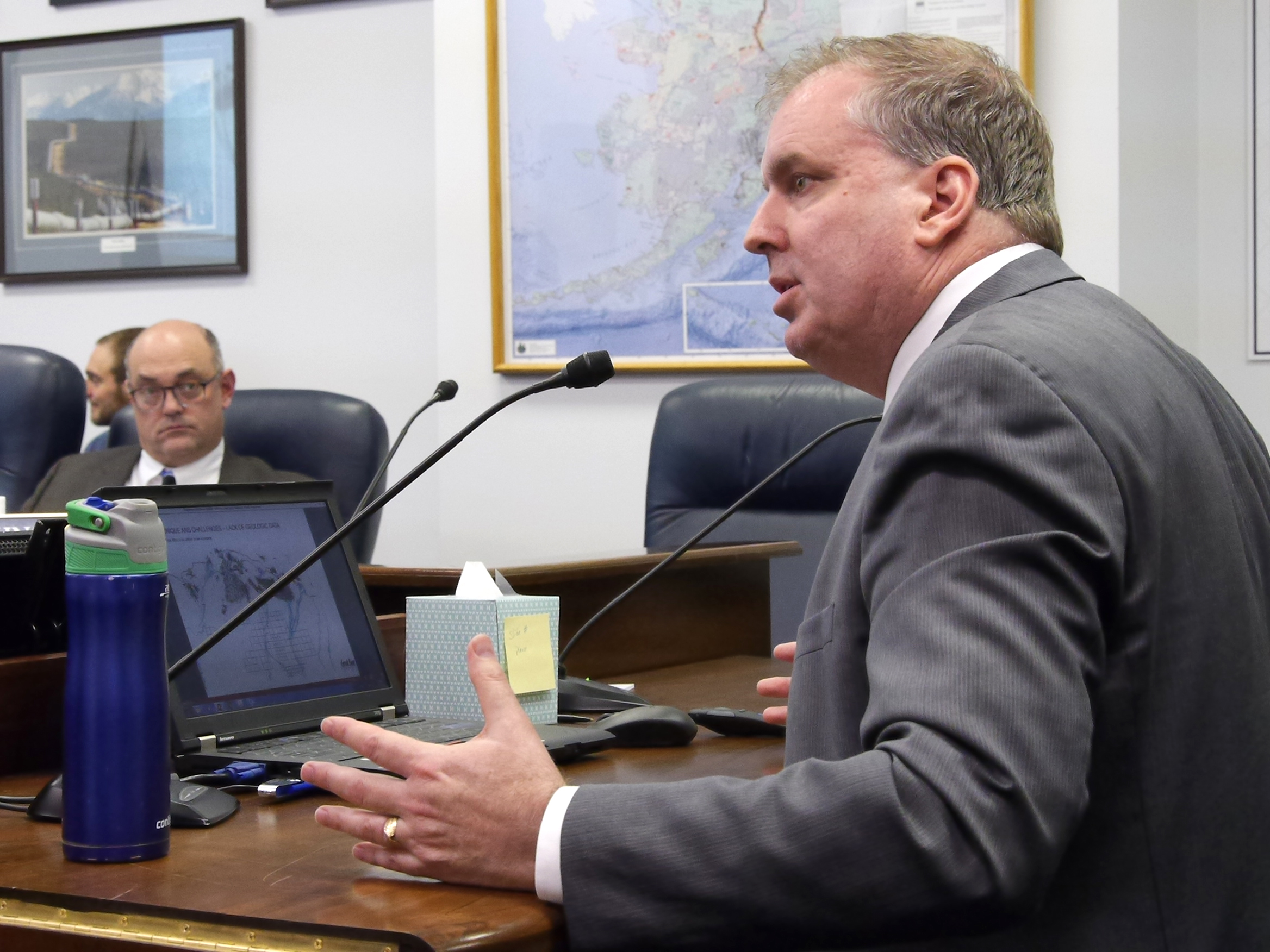 Pat Galvin, Chief Commercial Officer, Great Bear Petroleum, testifies at a House Resources Committee hearing, Feb. 29, 2016. The committee was taking testimony on House Bill 247, which would reduce the tax credits available to oil and gas companies. (Photo by Skip Gray, 360 North)