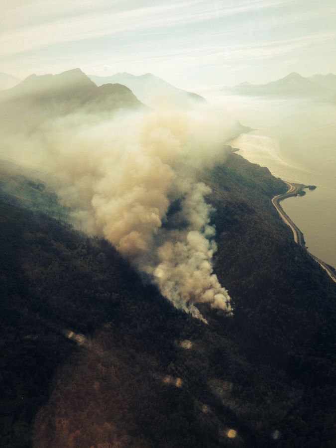 This aerial photo of a 25-acre wildfire burning in the McHugh Creek drainage south of Anchorage off the Seward Highway was taken at approximately 10:30 a.m. (Alaska Division of Forestry photo)