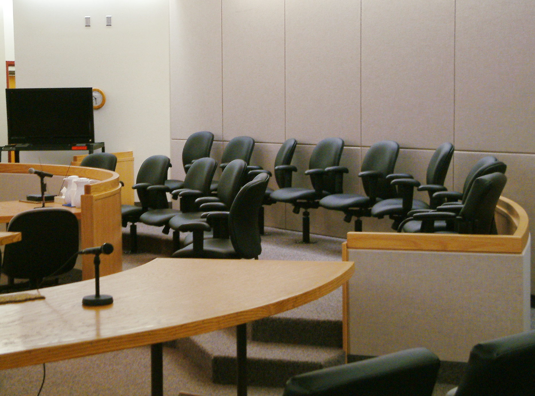 View of the jury box in one of the courtrooms in the Dimond Courthouse in Juneau. (Photo by Matt Miller, KTOO - Juneau)