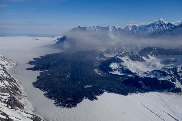 Haines pilot Paul Swanstrom spotted this massive landslide on the Lamplugh Glacier near Glacier Bay on June 28, 2016. (Photo courtesy Paul Swanstrom)