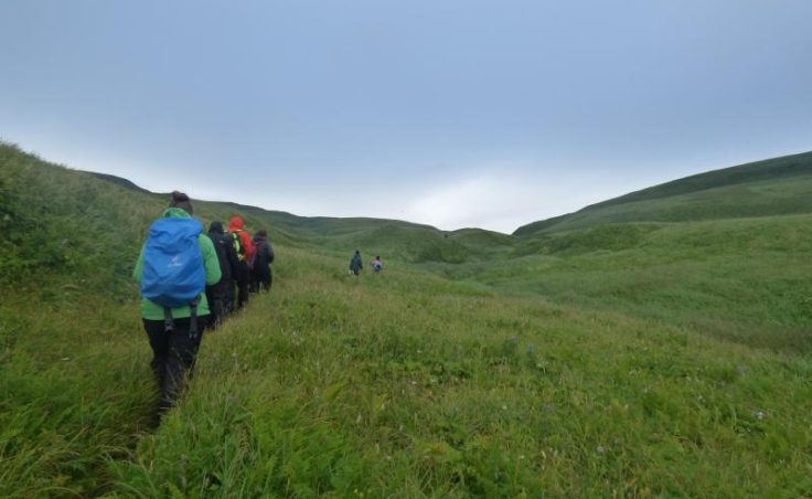 Youth Conservation Corps hike on Aiktek. (Photo by Zoe Sobel, Alaska's Energy Desk - Unalaska)