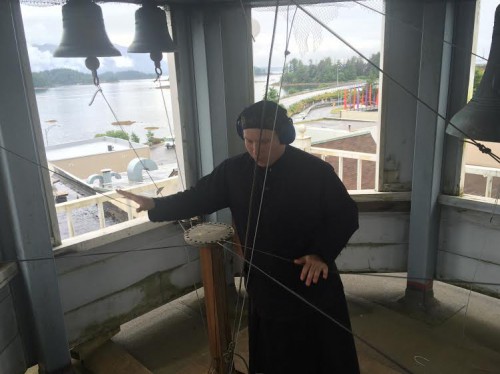 Deacon Herman Madsen plays the bells atop St. Michael’s Cathedral. (Photo by Katherine Rose, KCAW - Sitka)