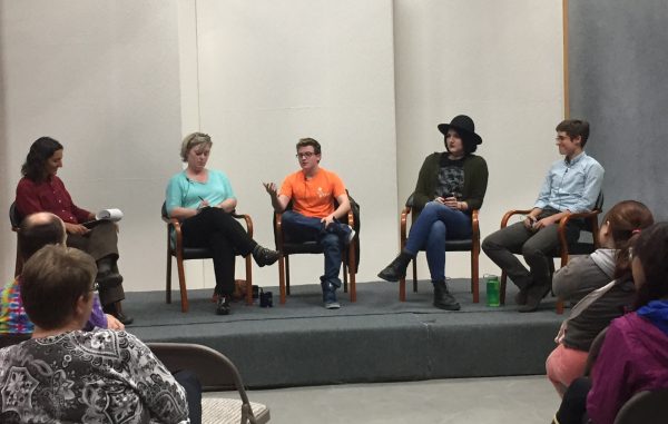 Panelists and host for Community in Unity: Being Transgender from right to left: Peek Ehlinger, Audrey Goodson, Damien Young, Cathy Gillis and Anne Hillman. (Townsend/Alaska Public Media)
