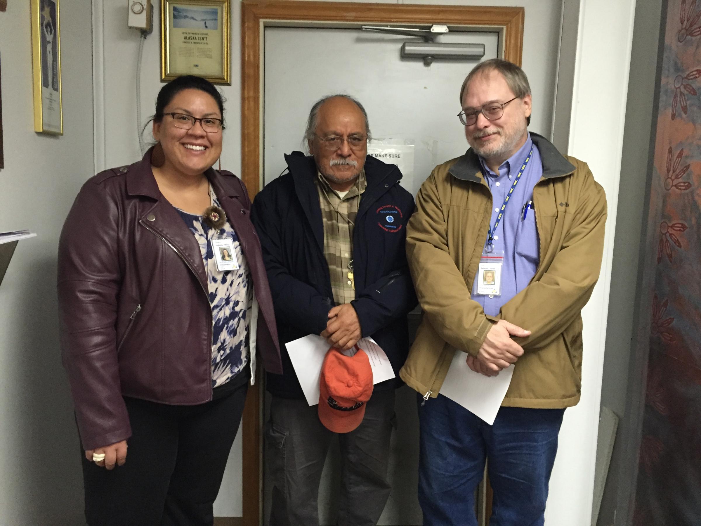 Left to right: YKHC VP of Communications Tiffany Zulkosky, Behavioral Health Administrator Ray Daw, and VP of Hospital Services Jim Sweeney. (Photo by Charles Enoch, KYUK - Bethel)