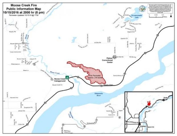 A map showing the perimeter of the 216-acre Moose Creek Fire as of 8 p.m. Saturday. (Map by the Alaska Division of Forestry)